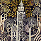 Stylized artwork of tall tower in golden forest on dark background
