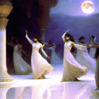 Multiple women dancing in white dresses under a full moon with ornate pillars.
