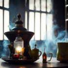 Elegant tea set with steam, lantern, and large windows