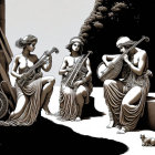Monochromatic artwork of three women playing instruments with a bird, ornate backdrop