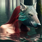 Red-haired person in realistic dragon mask emerges from water