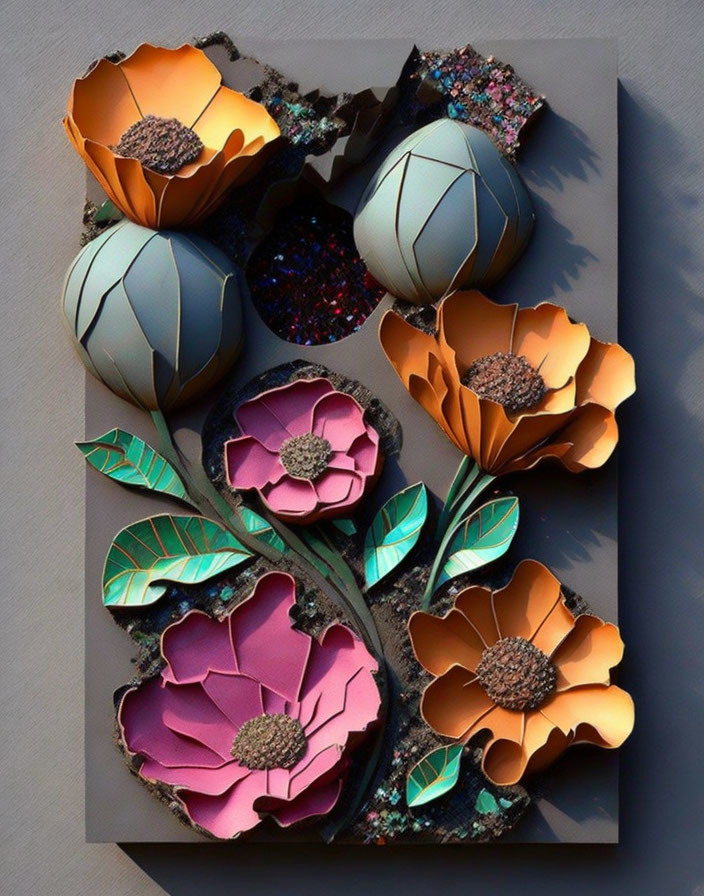 Colorful 3D Wall Art: Orange, Pink, and Teal Flowers on Grey Background