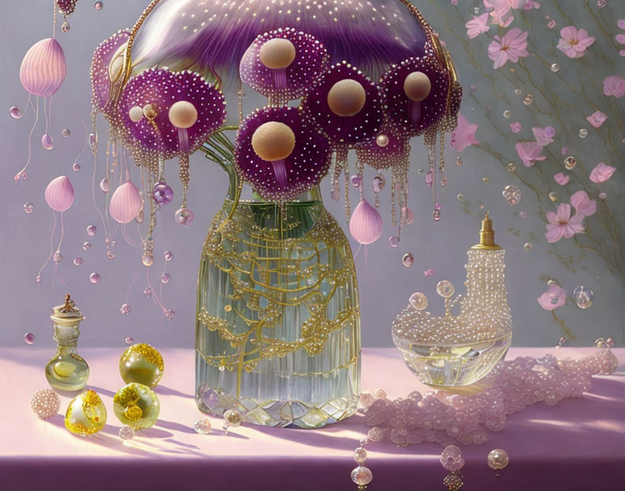 Surreal artwork featuring vase with purple jellyfish-like flowers and perfume bottles on reflective surface