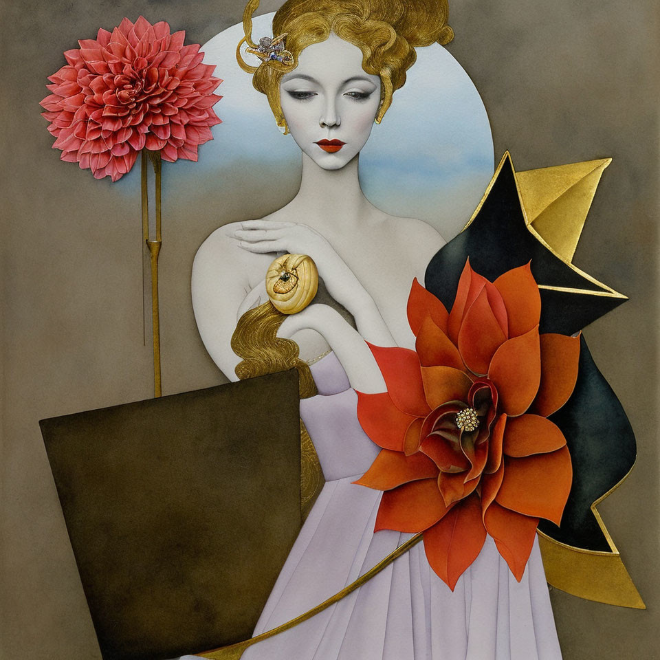 Stylized painting of woman with pale skin, golden hair, flowers, geometric dress, holding envelope