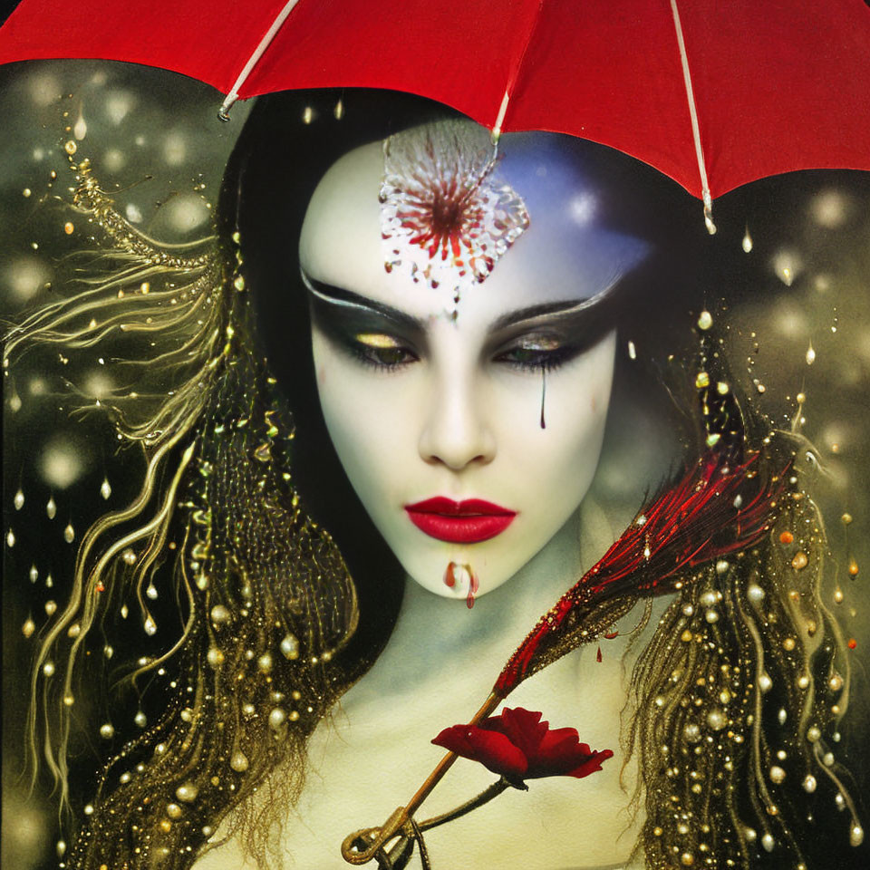 Fantasy-themed image of person with dramatic makeup holding red umbrella and rose in glittering raindrops on