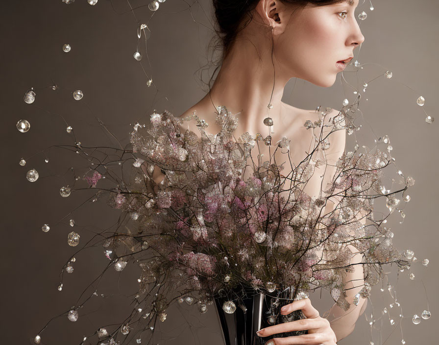 Profile of a woman holding vase with flowers and bubbles on muted backdrop