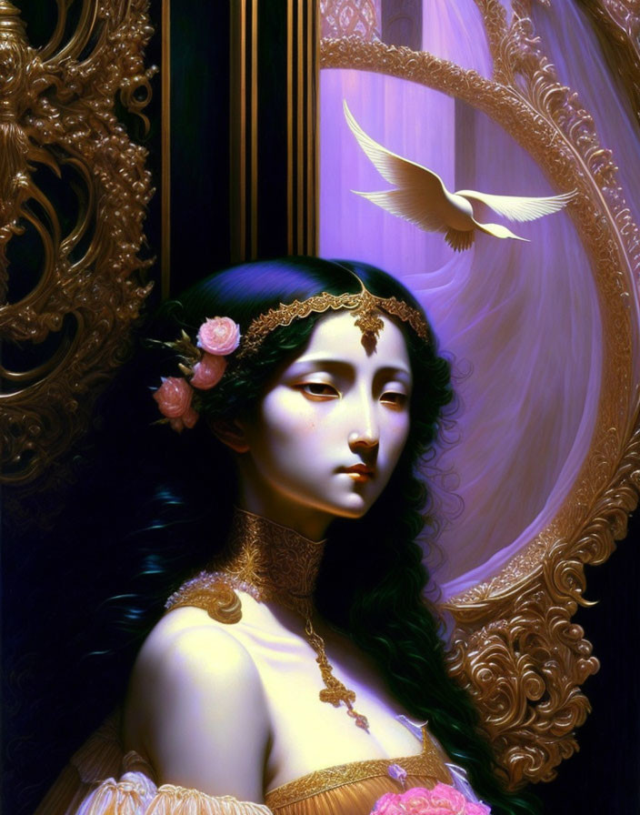 Digital artwork of woman with ornate headband, white dove, and swirling portal.