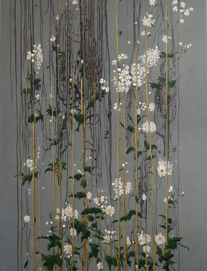 White Flowers and Vines Artwork on Gray Background