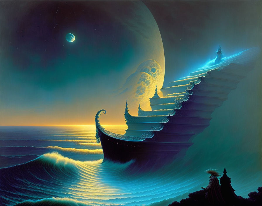 Fantastical scene: ship-like structure on ocean wave under night sky