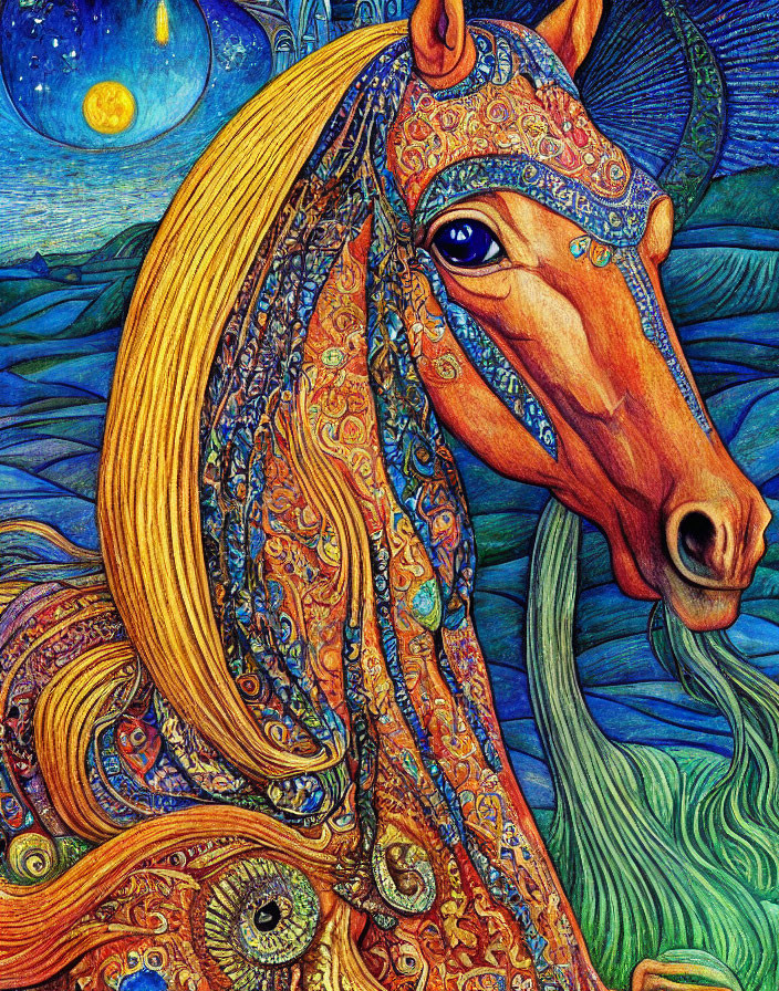 Colorful Horse Illustration with Celestial Background