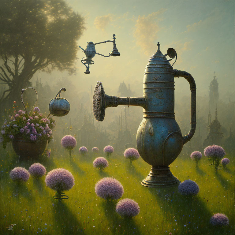 Whimsical garden scene: vintage watering cans, purple puffball flowers, hazy sunrise