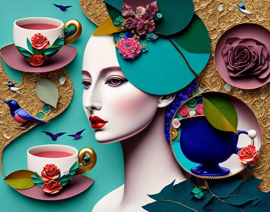 Surrealist digital artwork: Female face, vibrant details, floral hats, birds, cups, textured