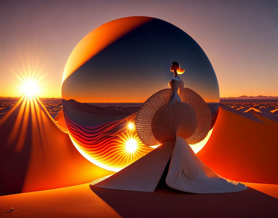 Surreal image: Woman in white dress in desert with abstract circle and two suns