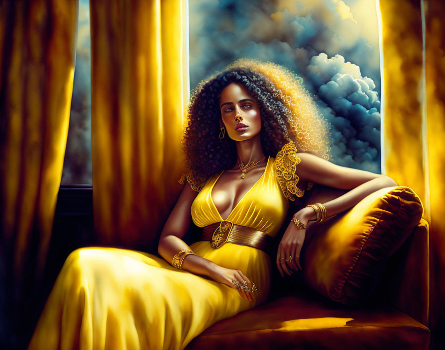 Curly-haired woman in gold dress on yellow couch with stormy clouds backdrop