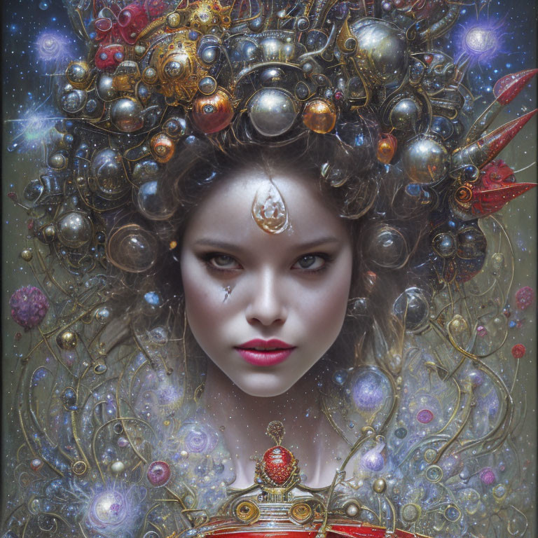 Cosmic-themed headdress woman with spheres and stars