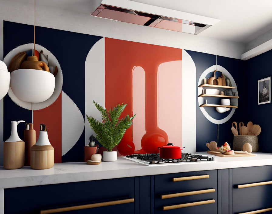 Blue Cabinets & Geometric Wall Design in Red and White Kitchen Decor