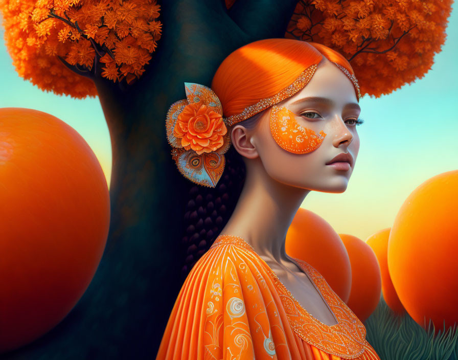 Striking orange-haired woman in elaborate attire against surreal orange backdrop