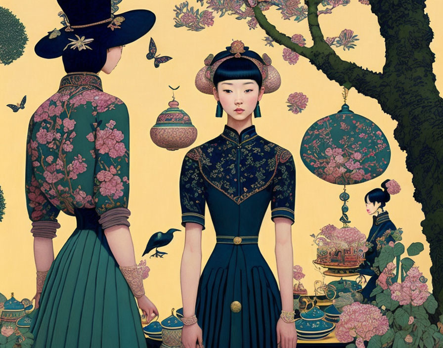 Traditional Asian Attire Illustration with Flowering Trees and Lanterns