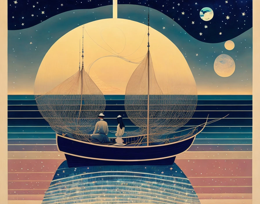 Fantasy artwork of two people in boat under starry sky