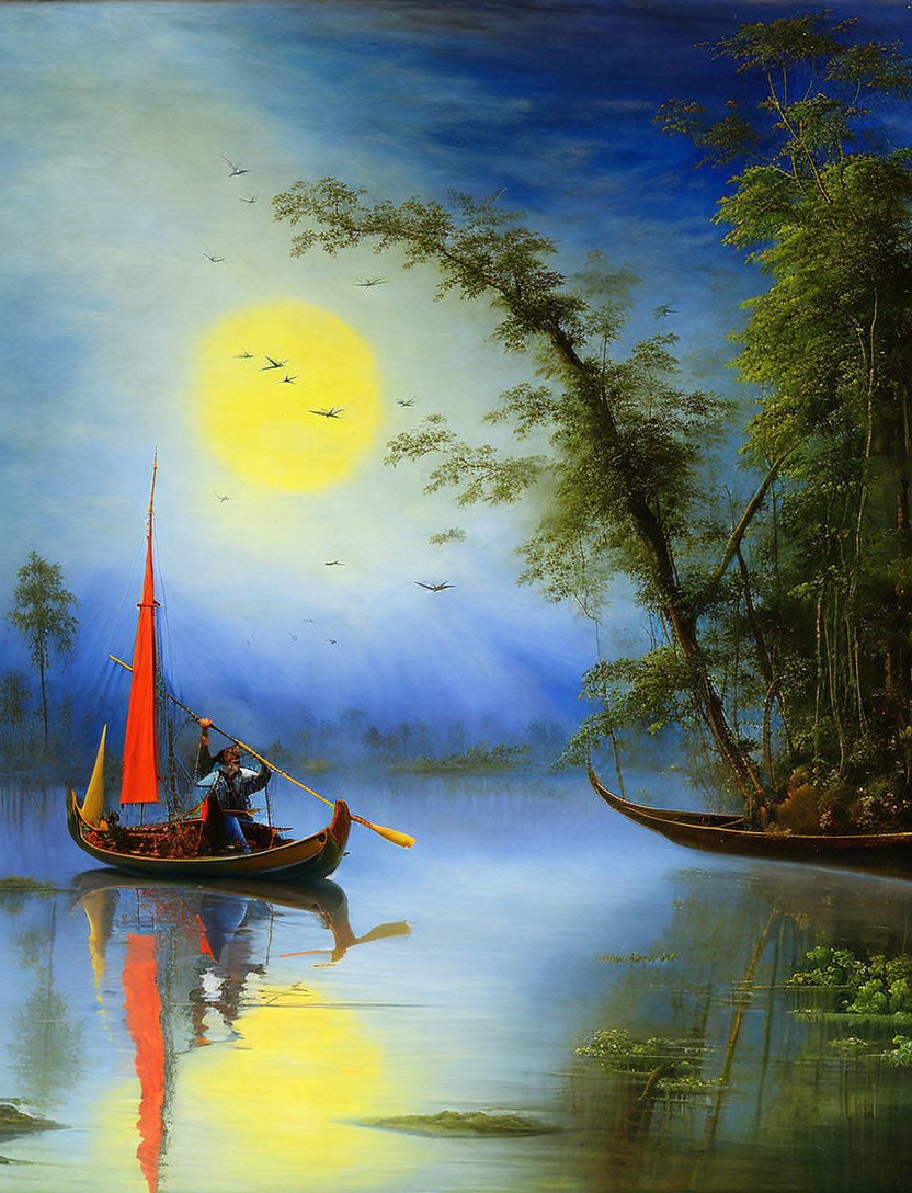 Serene painting of person rowing boat with red sail on calm waters