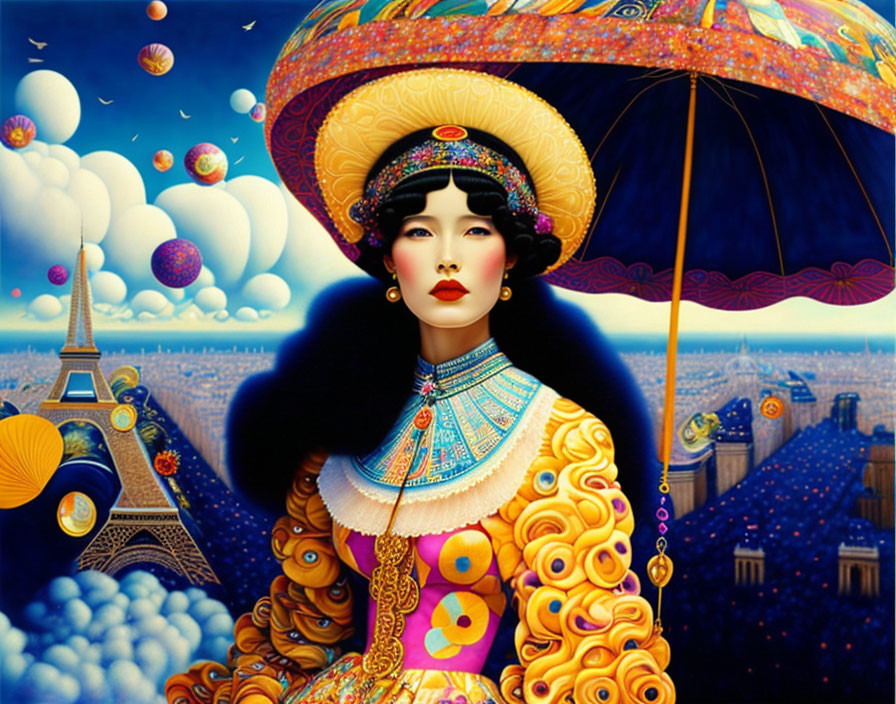 Colorful illustration: Woman in ornate costume with parasol, Parisian skyline, surreal orbs