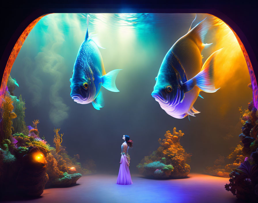 Woman in purple dress views colorful fish in aquarium setting