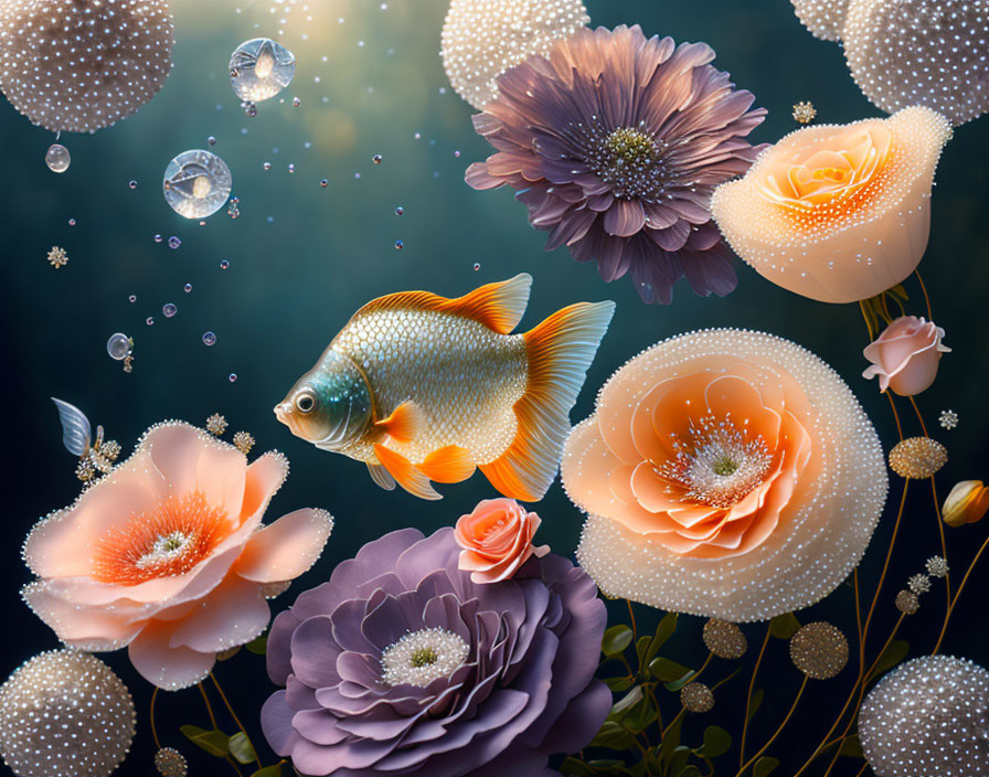 Colorful digital artwork: Goldfish among flowers, bubbles, and glowing dots on dark aquatic backdrop