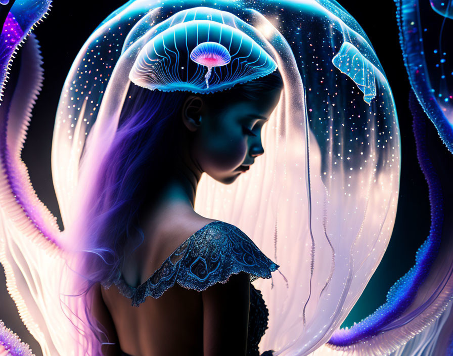 Woman surrounded by glowing iridescent jellyfish in mystical underwater scene