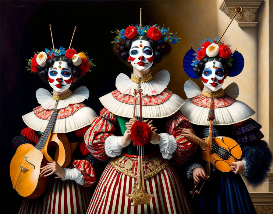 Colorful Clown Costumes with Stringed Instruments on Dark Background