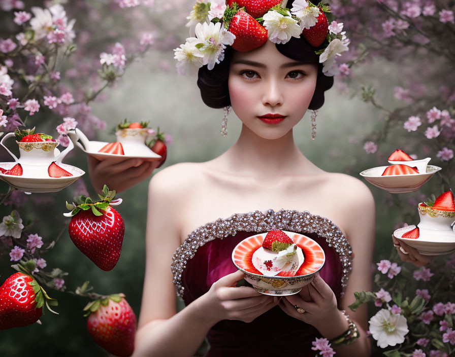 Woman in Red Dress with Floral Headpiece Holding Cake and Strawberries