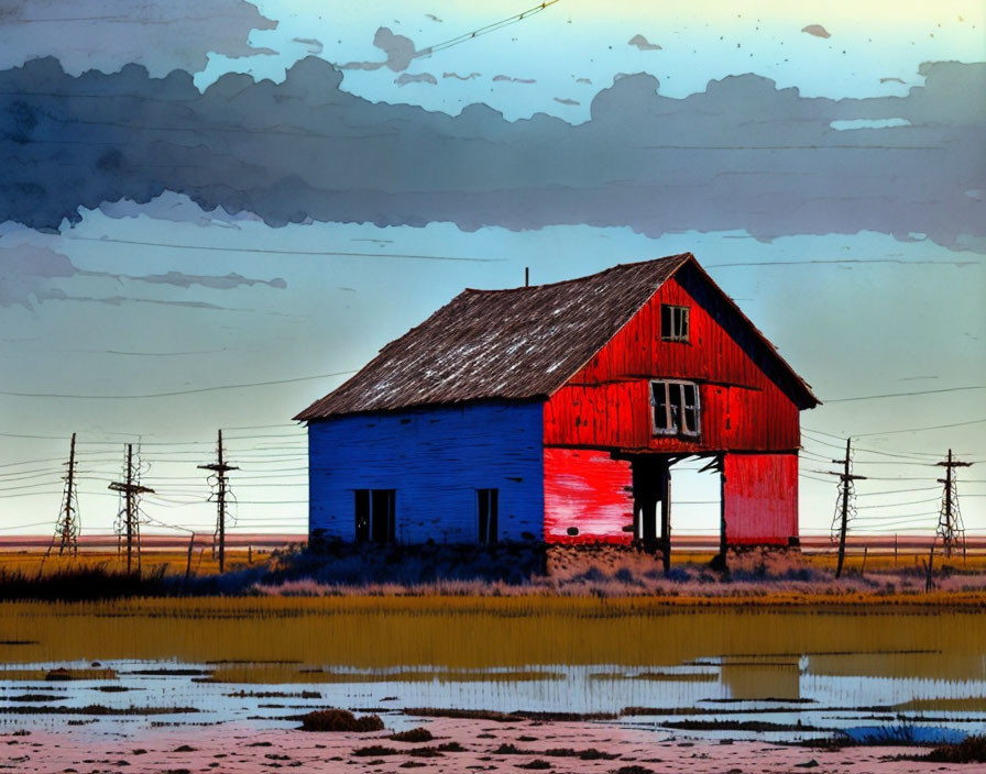 Abandoned red and blue barn in wetland under moody sky