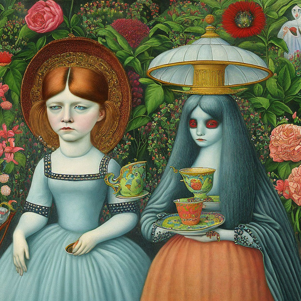 Stylized female figures with orange halo and teapot hat among lush flowers and teacups