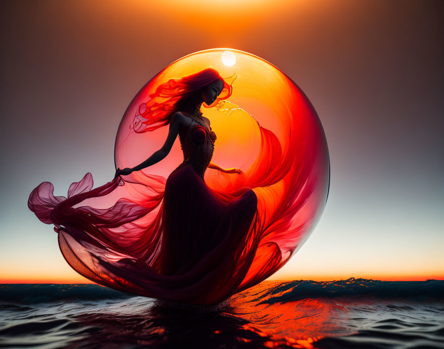 Silhouetted woman in flowing dress inside translucent sphere at sunset