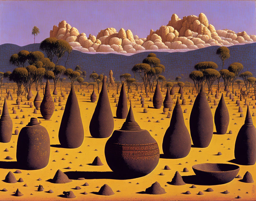 Surreal landscape featuring oversized pots, trees, purple sky, fluffy clouds