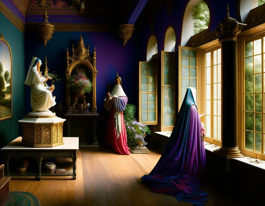 Ornate room with robed figure sculptures, golden throne, large windows, purple and blue walls