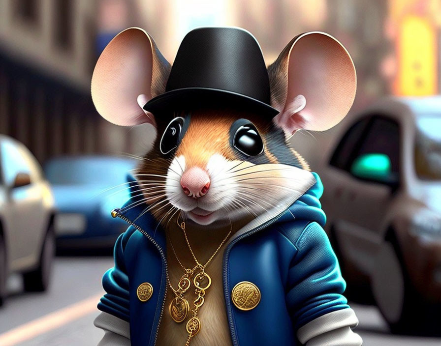 Stylish anthropomorphic mouse in black hat and blue jacket on city street background