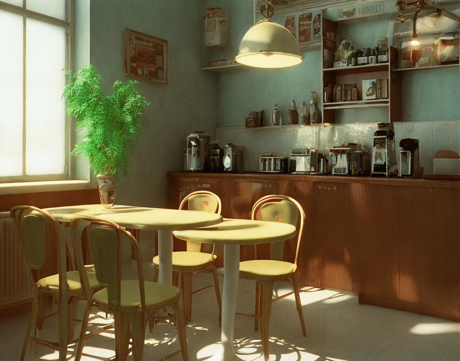 Warmly lit retro café with round tables, wooden chairs, and coffee-making equipment shelf