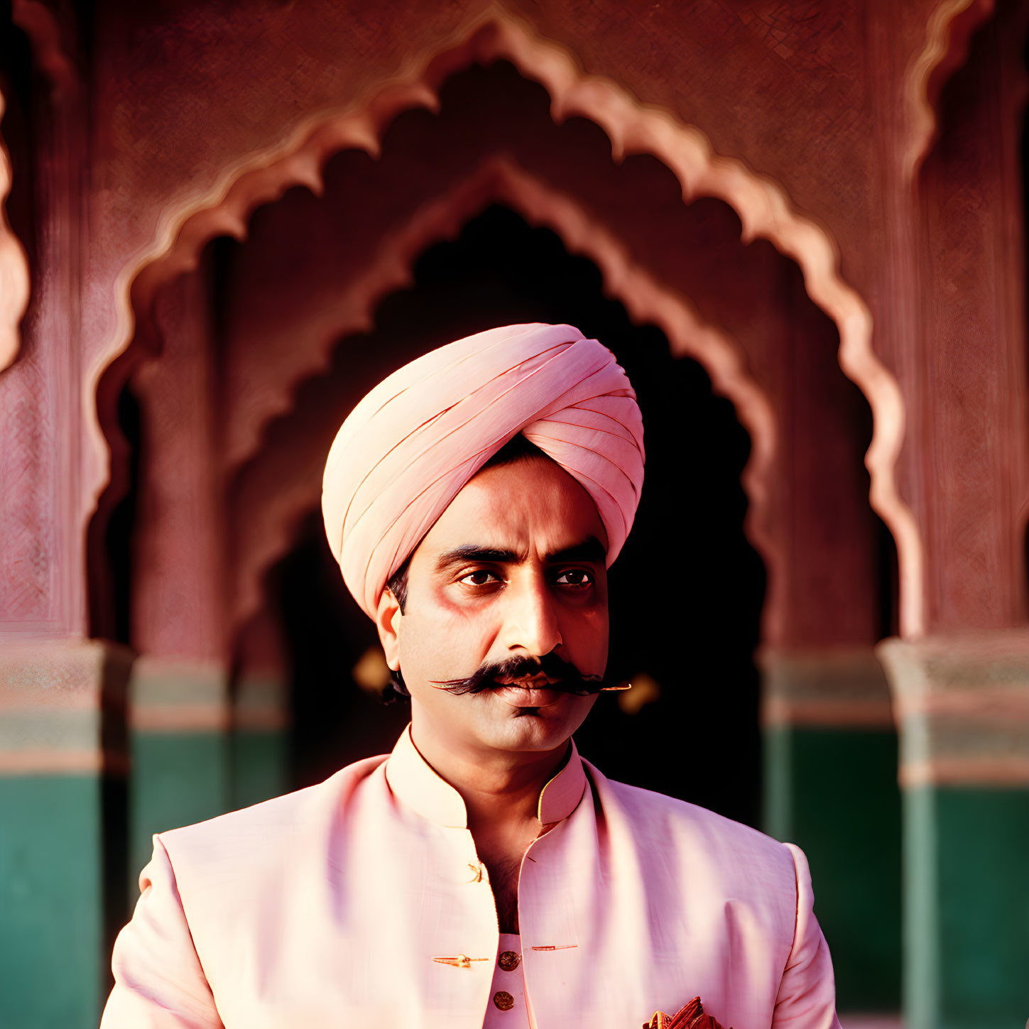 Serious man in pink turban and traditional attire by ornate archway