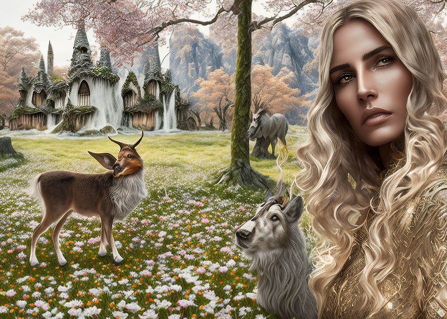 Fantasy scene: woman, animals, blooming meadow, whimsical castle backdrop