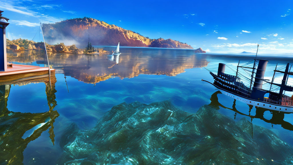 Mountainous landscape with clear lake, steamboat, and sailboat