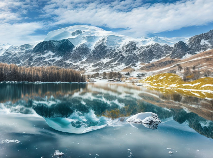 Snow-capped mountains reflected in serene alpine lake with autumn trees under cloudy sky