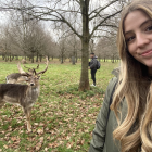 Fantasy scene: woman, animals, blooming meadow, whimsical castle backdrop