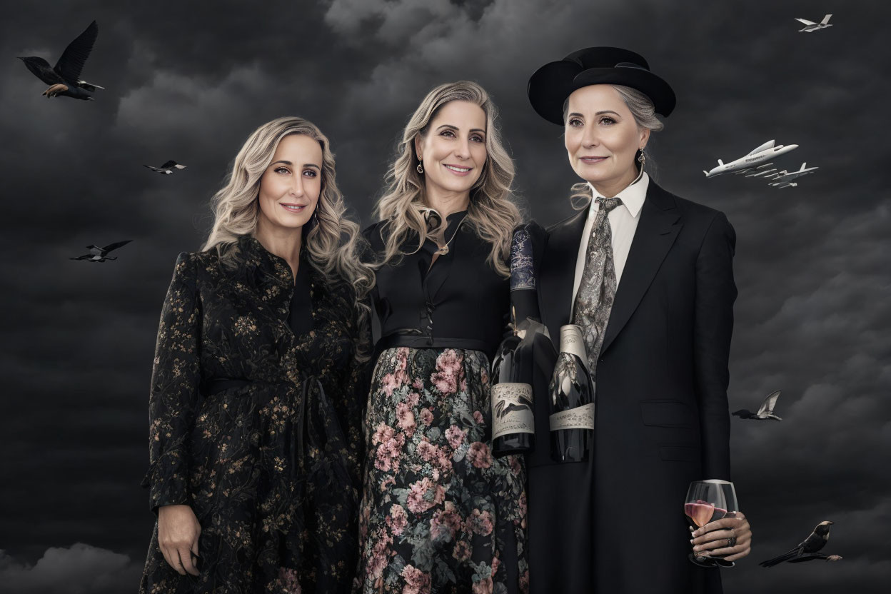 Elegantly dressed women posing with wine under dramatic sky