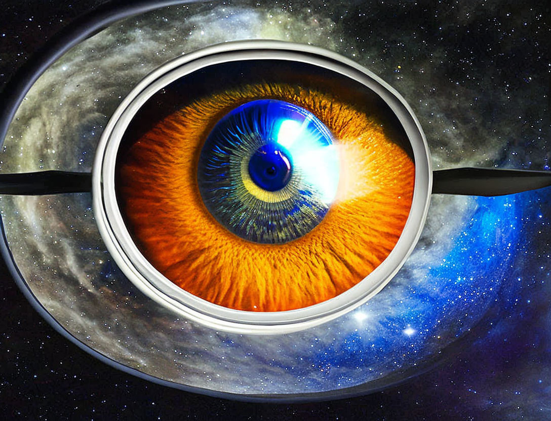 Human eye with outer space elements in iris on starry cosmos background