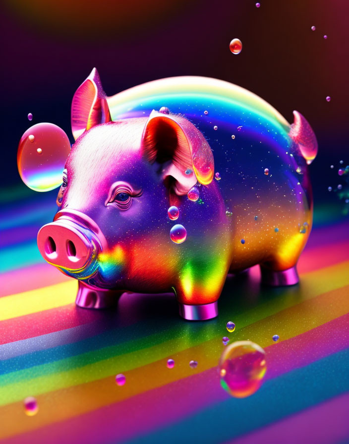 Colorful iridescent piggy bank on vibrant striped background