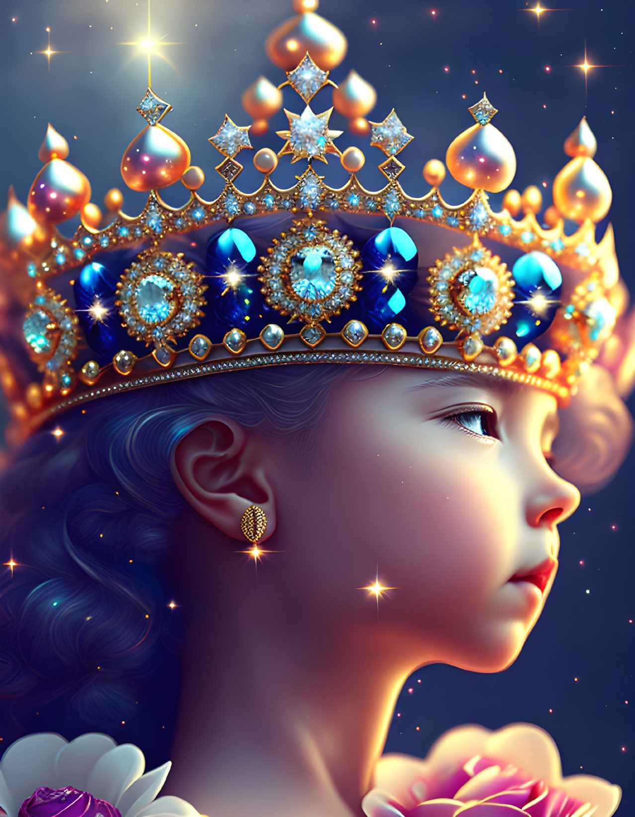 Profile of a young girl with glowing ornate crown and blue gems, surrounded by lights and flowers