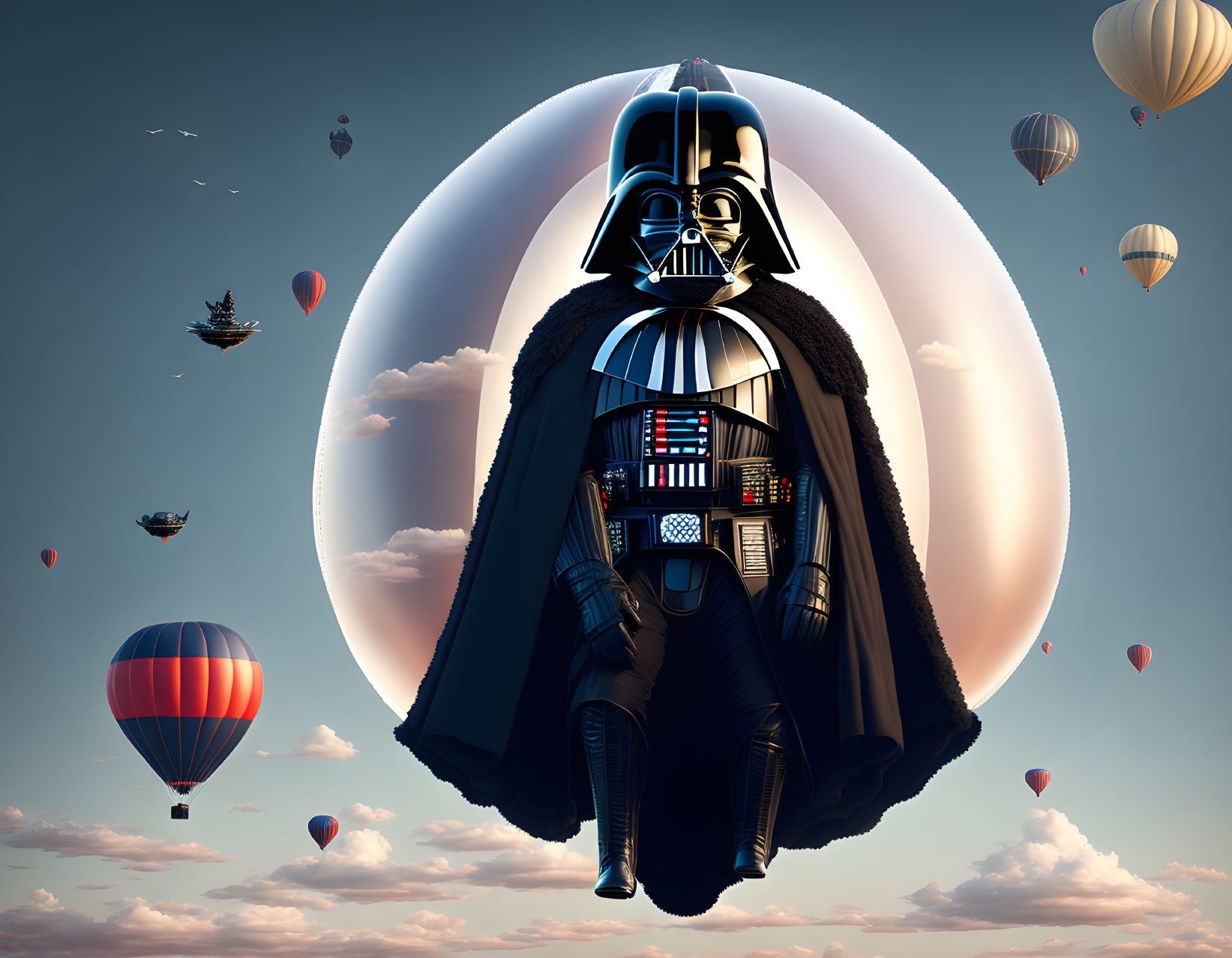 Character in black suit and helmet floats amidst colorful hot air balloons and flying ships