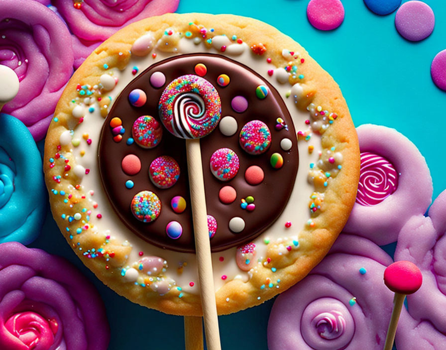 Vibrant confectionery display with chocolate cookie, lollipop, and candies