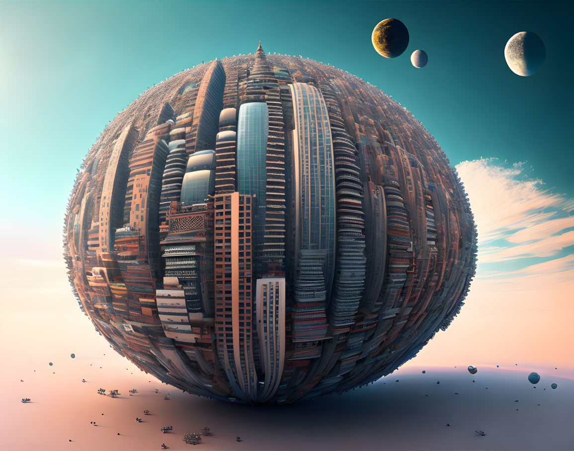 Spherical cityscape with converging skyscrapers under pastel sky