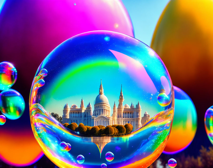 Colorful soap bubbles reflect classic building on sunny day